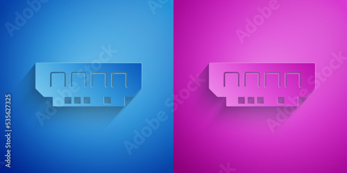 Paper cut RAM, random access memory icon isolated on blue and purple background. Paper art style. Vector