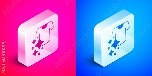 Isometric Drying clothes icon isolated on pink and blue background. Clean shirt. Wash clothes on a rope with clothespins. Clothing care and tidiness. Silver square button. Vector