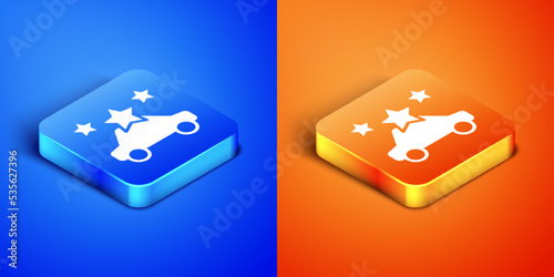 Isometric Car sharing icon isolated on blue and orange background. Carsharing sign. Transport renting service concept. Square button. Vector
