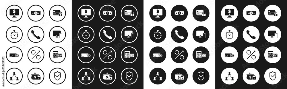 Set Credit card with lock, Telephone handset, Stopwatch, Computer monitor dollar symbol, mobile, Stacks paper money cash, Calculator and Envelope coin icon. Vector