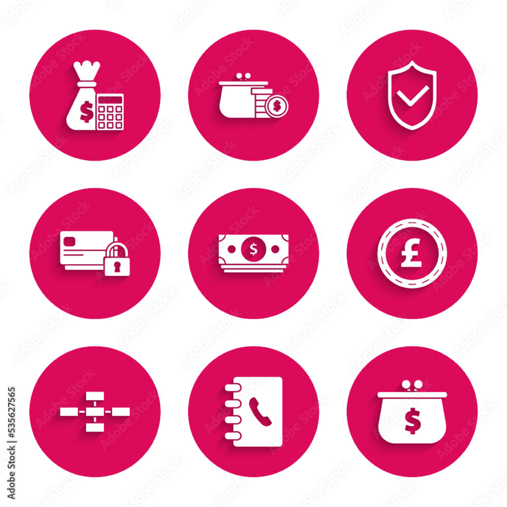 Set Stacks paper money cash, Wallet with with dollar symbol, Coin pound sterling, Business hierarchy organogram chart infographics, Credit card lock, Shield check mark and Calculator bag icon. Vector Set Stacks paper money cash, Wallet with with dollar symbol, Coin pound sterling, Business hierarchy organogram chart infographics, Credit card lock, Shield check mark and Calculator bag icon. Vector