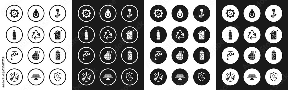 Set Light bulb with leaf, Recycle symbol, Bottle of water, and gear, Tag, clean aqua, Recycling plastic bottle and Water tap icon. Vector