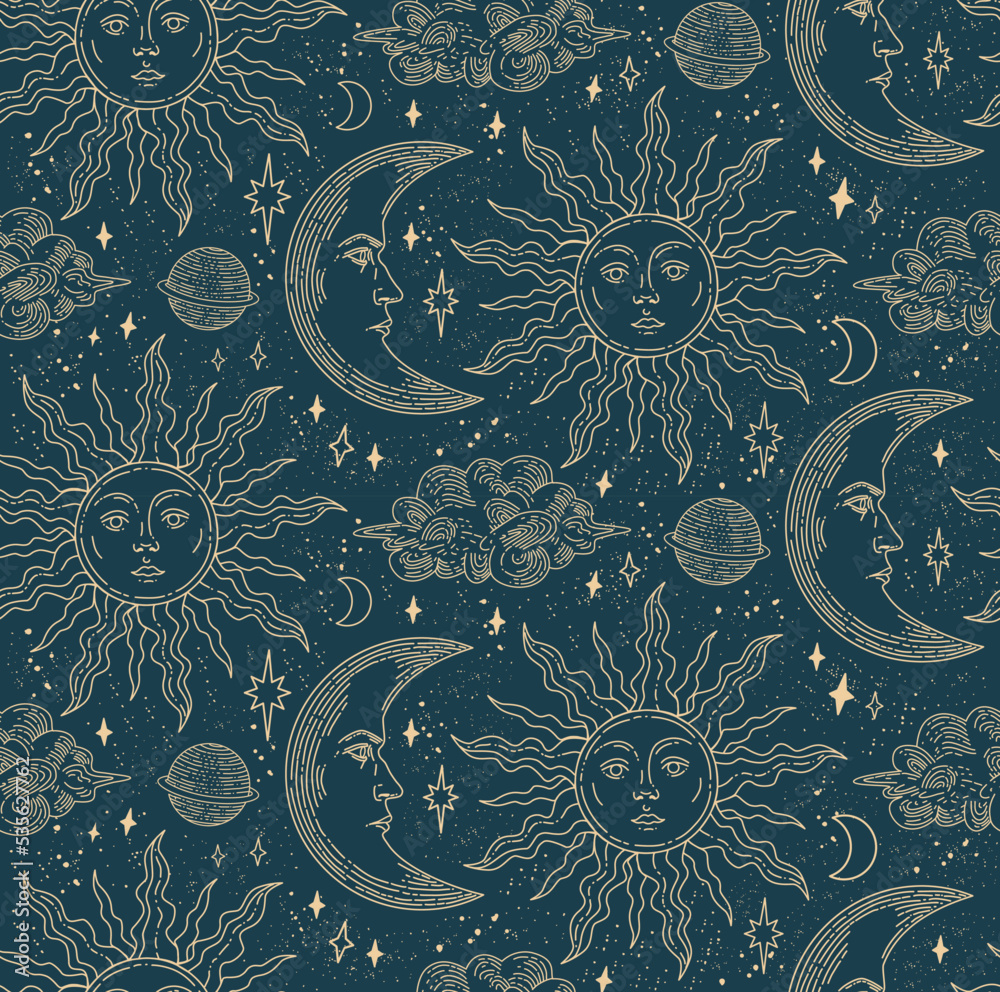 Seamless pattern with magical elements. Set of linear vector illustrations. Celestial illustrations depicting the sun, moon, planet, clouds. design elements for decoration in a modern style. Seamless pattern with magical elements. Set of linear vector illustrations. Celestial illustrations depicting the sun, moon, planet, clouds. design elements for decoration in a modern style.