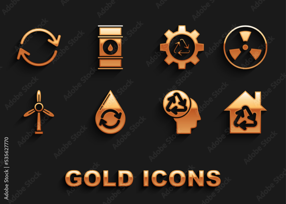 Set Recycle clean aqua, Radioactive, Eco House with recycling symbol, Human head recycle, Wind turbine, and gear, Refresh and Oil barrel line icon. Vector Set Recycle clean aqua, Radioactive, Eco House with recycling symbol, Human head recycle, Wind turbine, and gear, Refresh and Oil barrel line icon. Vector