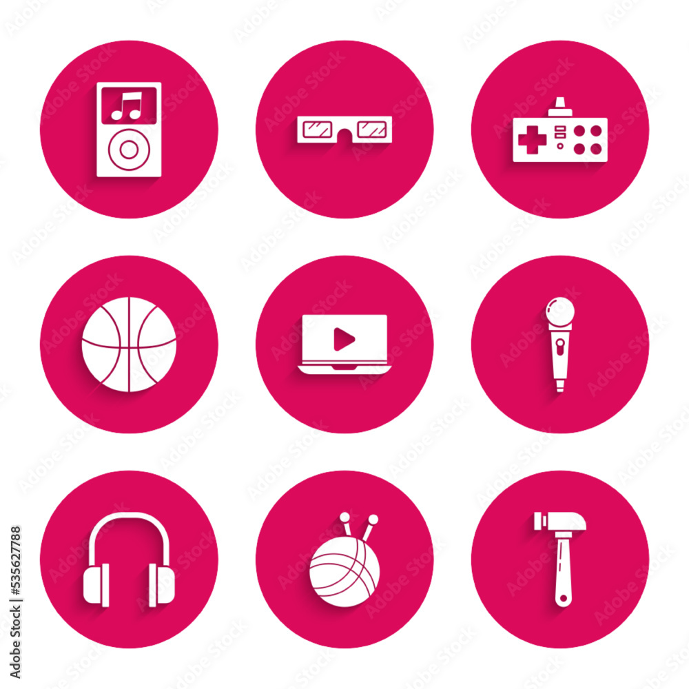 Set Online play video, Yarn ball with knitting needles, Hammer, Microphone, Headphones, Basketball, Gamepad and Music player icon. Vector Set Online play video, Yarn ball with knitting needles, Hammer, Microphone, Headphones, Basketball, Gamepad and Music player icon. Vector