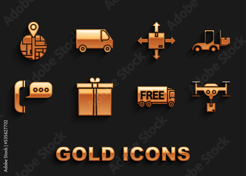 Set Gift box, Forklift truck, Delivery drone with the package, Free delivery service, Telephone speech bubble chat, Cardboard traffic symbol, and cargo vehicle icon. Vector