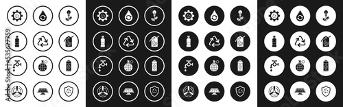 Set Light bulb with leaf, Recycle symbol, Bottle of water, and gear, Tag, clean aqua, Recycling plastic bottle and Water tap icon. Vector
