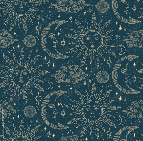 Seamless pattern with magical elements. Set of linear vector illustrations. Celestial illustrations depicting the sun, moon, planet, clouds. design elements for decoration in a modern style.
