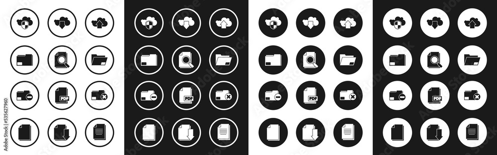 Set Cloud upload, Document with search, folder, and shield, download, Delete and minus icon. Vector