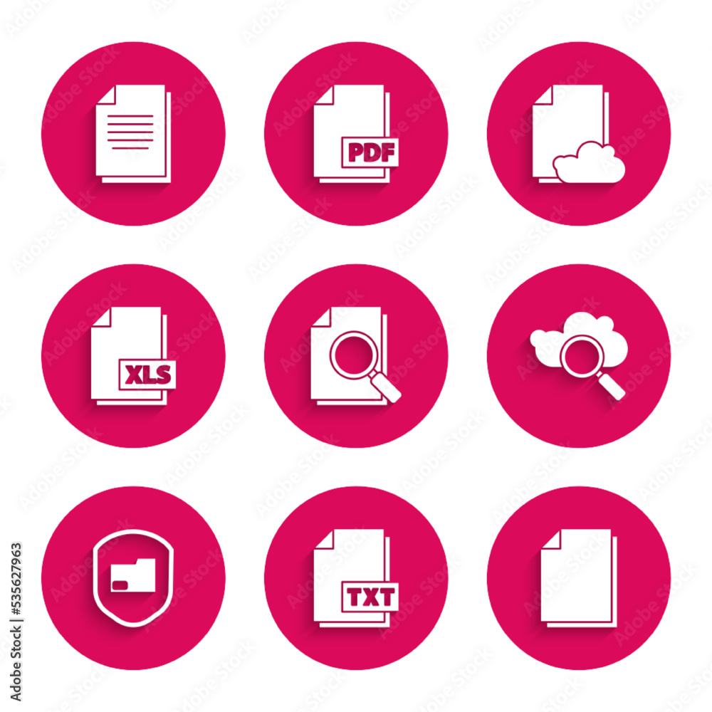 Set Document with search, TXT file document, Search cloud computing, folder protection, XLS, Cloud storage text and icon. Vector Set Document with search, TXT file document, Search cloud computing, folder protection, XLS, Cloud storage text and icon. Vector