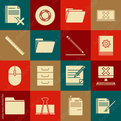 Set Blank notebook and pen, Computer with keyboard x mark, User manual, Document folder, Ruler, Delete file document and Pencil eraser line icon. Vector