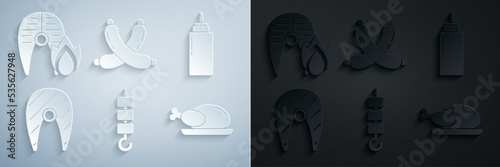 Set Grilled shish kebab on skewer stick, Sauce bottle, Fish steak, Roasted turkey or chicken, Crossed sausage and fish and fire flame icon. Vector