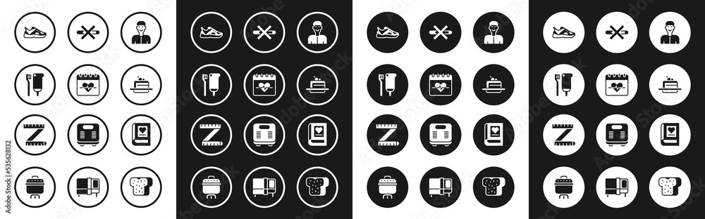 Set Positive thinking, Heart rate, Toothbrush and toothpaste, Sport sneakers, Cake, No Smoking, Medical book and Tape measure icon. Vector Set Positive thinking, Heart rate, Toothbrush and toothpaste, Sport sneakers, Cake, No Smoking, Medical book and Tape measure icon. Vector