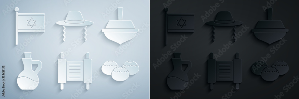 Set Torah scroll, Hanukkah dreidel, Bottle of olive oil, Jewish sweet bakery, Orthodox jewish hat and Flag Israel icon. Vector Set Torah scroll, Hanukkah dreidel, Bottle of olive oil, Jewish sweet bakery, Orthodox jewish hat and Flag Israel icon. Vector
