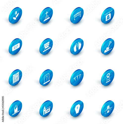 Set Grave with cross, Dead body in the morgue, Signboard tombstone, Speech bubble rip death, Obituaries, Coffin, Shovel ground and icon. Vector