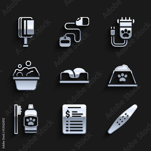 Set Pet bed, Grooming salon price list, Nail file pet, food bowl, Dental hygiene for pets, Pets bath, Hair clipper and brush dog and cat icon. Vector