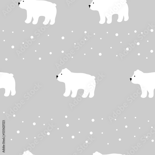 Happy new year and Christmas celebration seamless pattern with white polar bear and snow on grey background,tender unisex print for wallpaper,cover design,packaging,holiday decor,baby illustration.