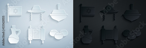 Set Torah scroll, Hanukkah dreidel, Bottle of olive oil, Jewish sweet bakery, Orthodox jewish hat and Flag Israel icon. Vector