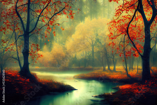Autumn landscape  lake  forest  art illustration