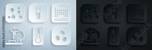 Set Medical thermometer, Periodic table, Microscope, Bacteria, Test tube and flask and Chemical formula icon. Vector