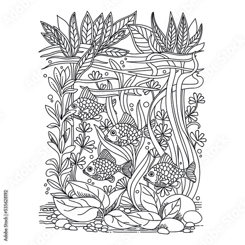 Underwater. Flock of fish swimming in the sea. Doodles. Coloring page for kids. Vector illustration.