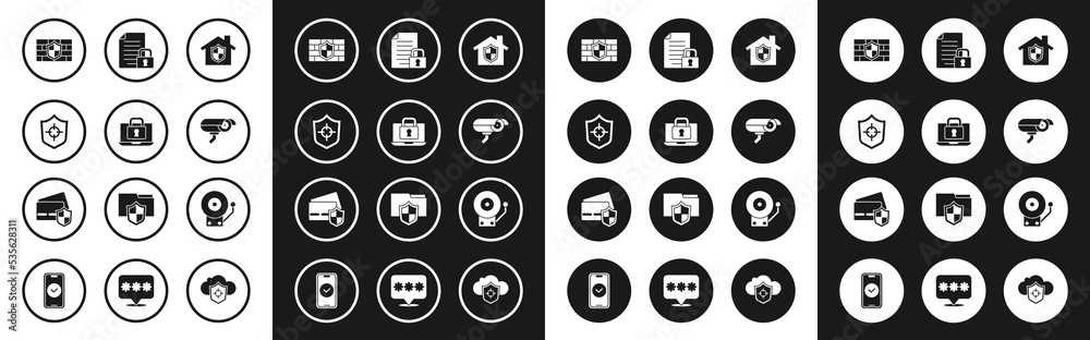 Set House under protection, Laptop and lock, Shield, with brick wall, Security camera, Document, Ringing alarm bell and Credit card shield icon. Vector