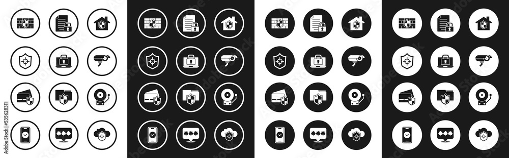 Set House under protection, Laptop and lock, Shield, with brick wall, Security camera, Document, Ringing alarm bell and Credit card shield icon. Vector Set House under protection, Laptop and lock, Shield, with brick wall, Security camera, Document, Ringing alarm bell and Credit card shield icon. Vector
