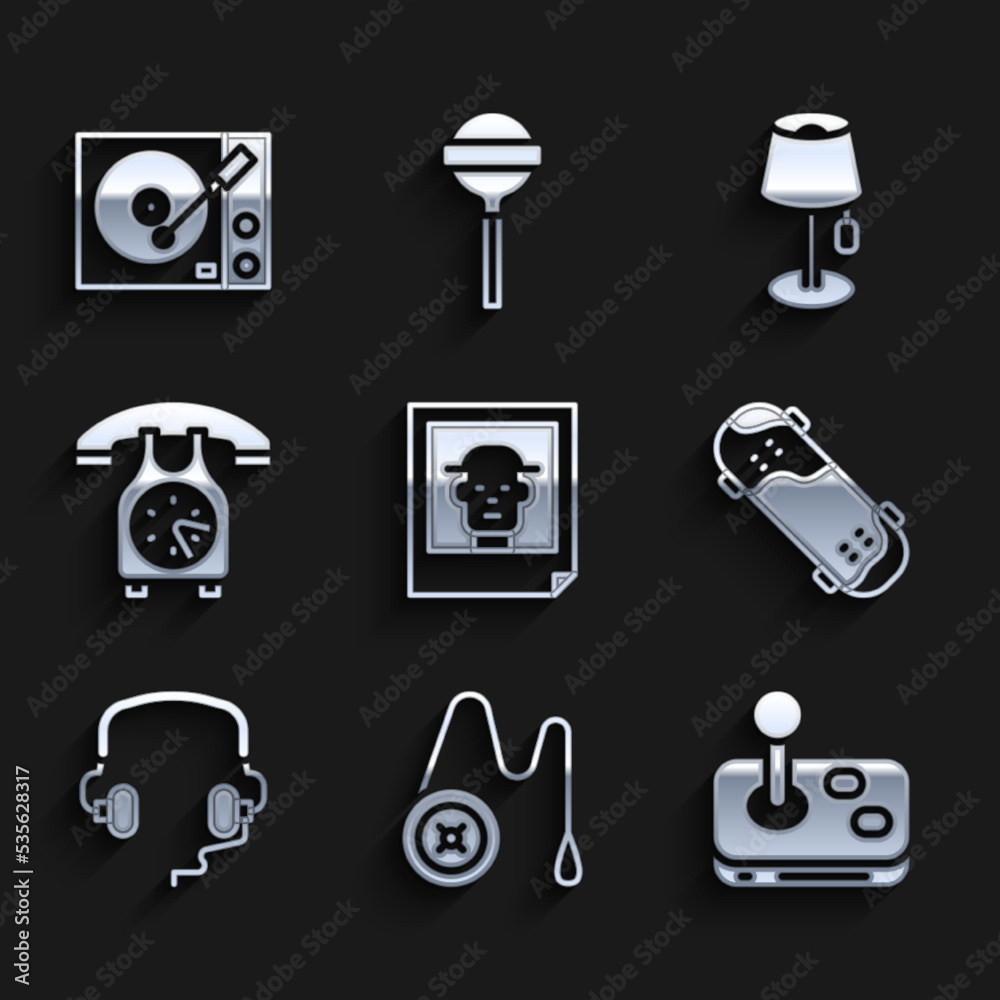 Set Photo, Yoyo toy, Joystick, Skateboard trick, Headphones, Telephone handset, Floor lamp and Vinyl player icon. Vector Set Photo, Yoyo toy, Joystick, Skateboard trick, Headphones, Telephone handset, Floor lamp and Vinyl player icon. Vector