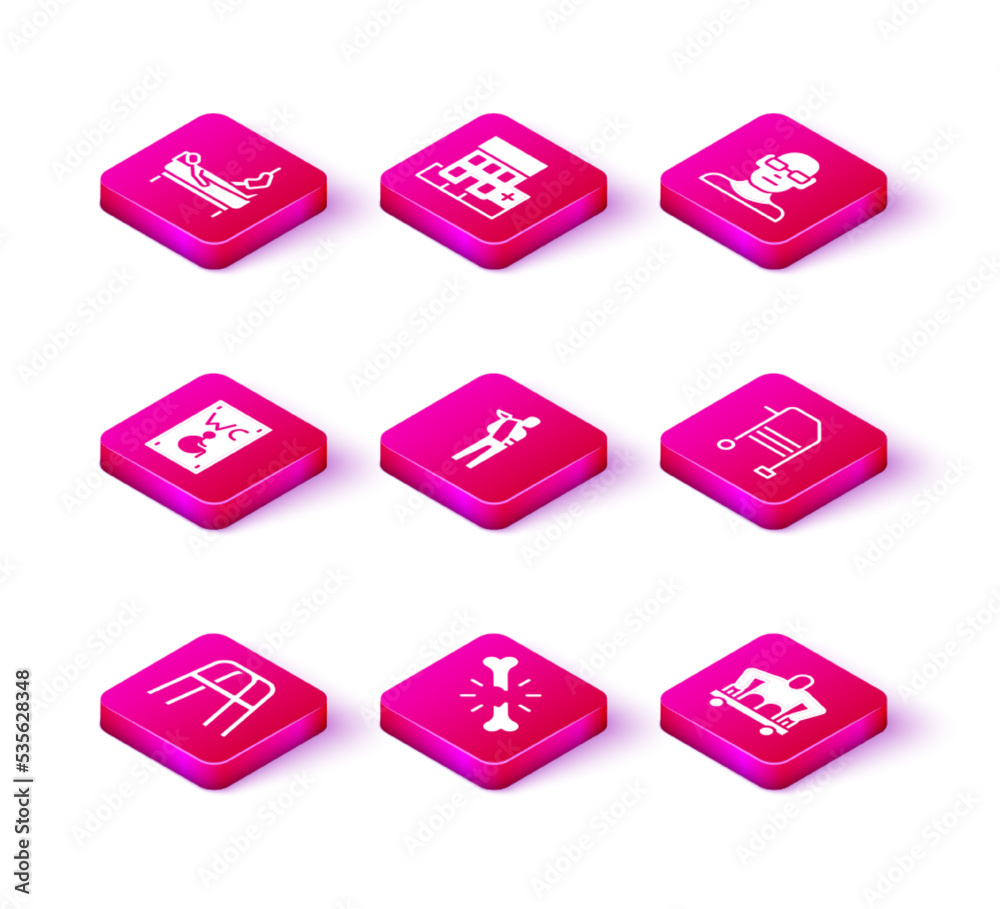 Set Walker, Human broken bone, Separated toilet for disabled, arm, Man without legs sitting wheelchair, Poor eyesight and Medical hospital building icon. Vector Set Walker, Human broken bone, Separated toilet for disabled, arm, Man without legs sitting wheelchair, Poor eyesight and Medical hospital building icon. Vector