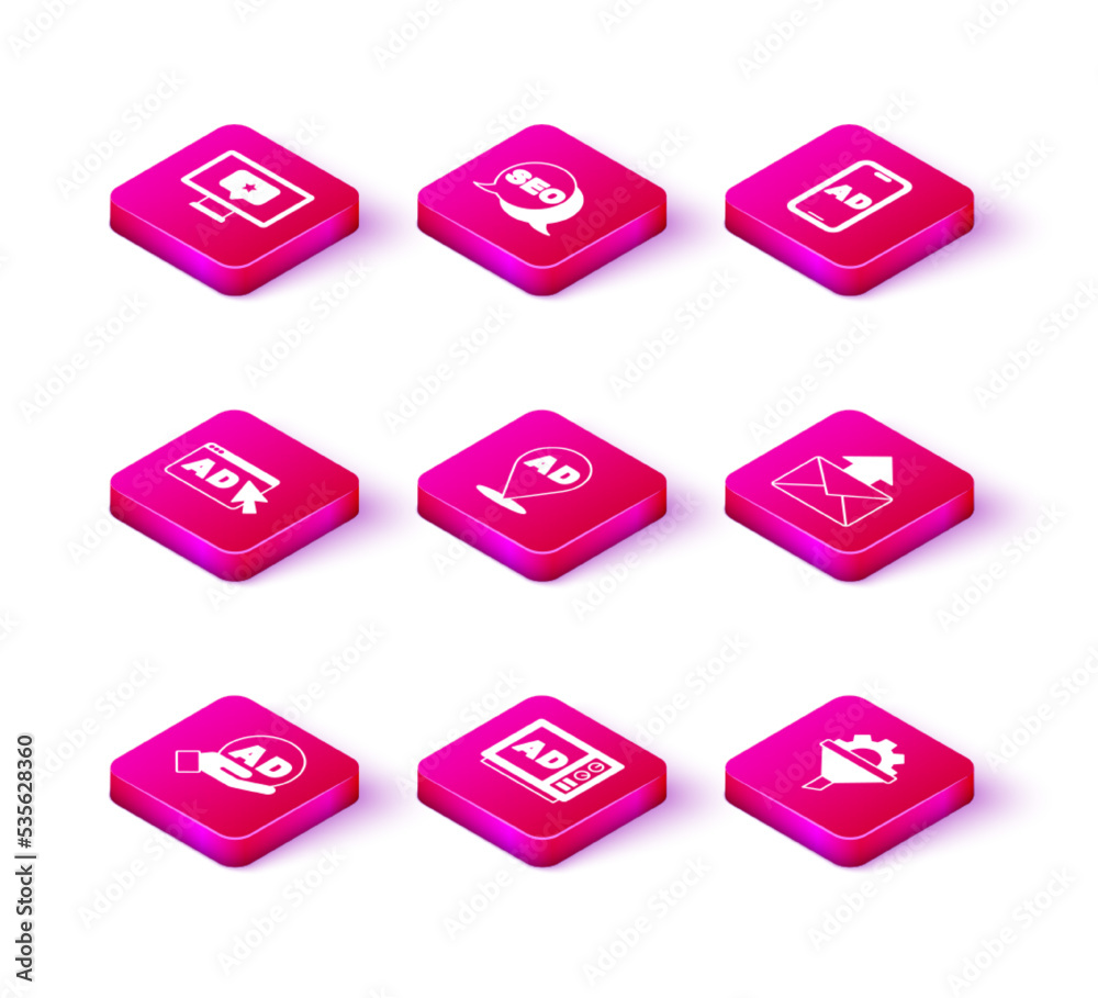 Set Advertising, Sales funnel with gear, Mail and e-mail, and SEO optimization icon. Vector