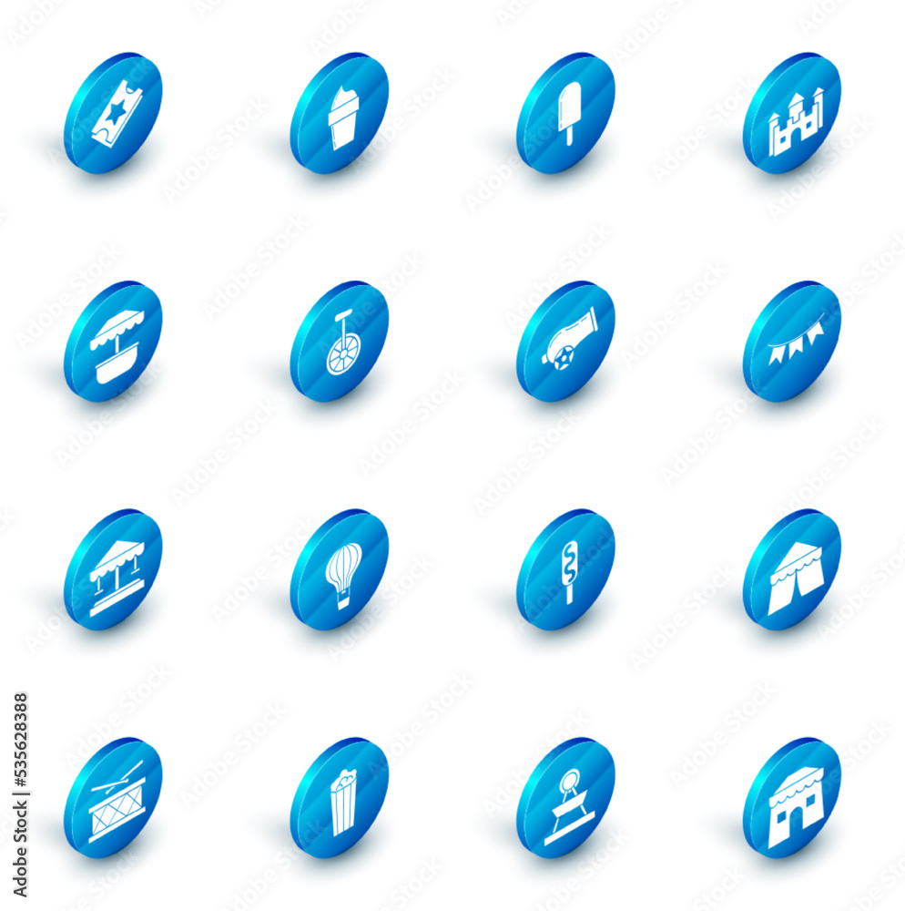 Set Ice cream in waffle cone, Castle, Attraction carousel, Unicycle or wheel bicycle, Carnival garland with flags and Cannon icon. Vector Set Ice cream in waffle cone, Castle, Attraction carousel, Unicycle or wheel bicycle, Carnival garland with flags and Cannon icon. Vector