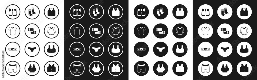 Set Undershirt, Winter scarf, T-shirt, Short or pants, Sweater, Socks, and Belt icon. Vector Set Undershirt, Winter scarf, T-shirt, Short or pants, Sweater, Socks, and Belt icon. Vector