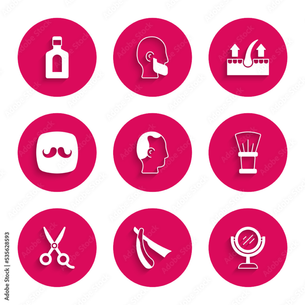 Set Baldness, Straight razor, Hand mirror, Shaving brush, Scissors hairdresser, Barbershop, Human follicle and Bottle of shampoo icon. Vector Set Baldness, Straight razor, Hand mirror, Shaving brush, Scissors hairdresser, Barbershop, Human follicle and Bottle of shampoo icon. Vector