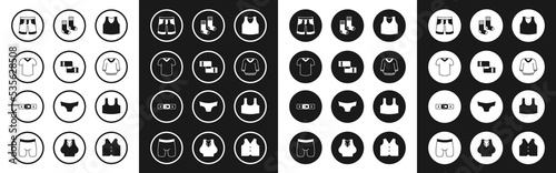 Set Undershirt, Winter scarf, T-shirt, Short or pants, Sweater, Socks, and Belt icon. Vector