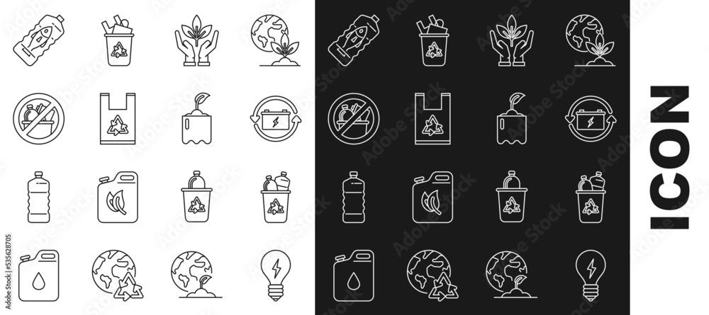 Set line Light bulb with lightning symbol, Recycle bin recycle, Battery, Plant hand of environmental protection, Plastic bag, No trash, Stop ocean plastic pollution and Sprout bottle icon. Vector Set line Light bulb with lightning symbol, Recycle bin recycle, Battery, Plant hand of environmental protection, Plastic bag, No trash, Stop ocean plastic pollution and Sprout bottle icon. Vector