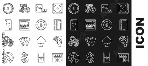 Set line Online poker table game, Hand holding playing cards, Deck of, Game dice glass whiskey with ice cubes, slot machine, Playing heart symbol, Casino roulette wheel and chip dollar icon. Vector