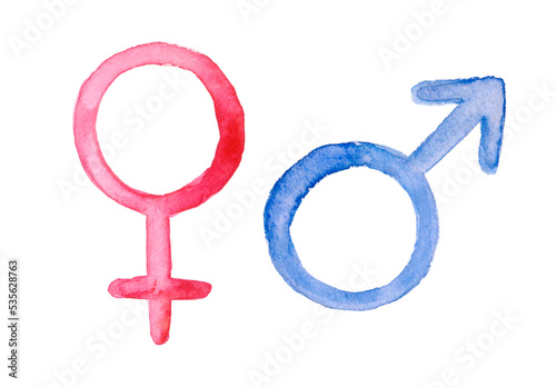 Watercolour set of female and male gender symbols. Round shape, traditional Mars and Venus icons. Hand drawn water color sketchy painting on white background, isolated clip art elements for design.