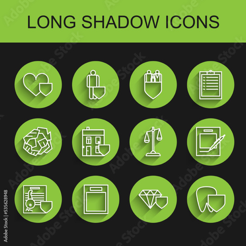 Set line Document with key with shield, Empty form, Heart, Diamond, Tooth, House, Blank notebook and pen and Scales of justice icon. Vector