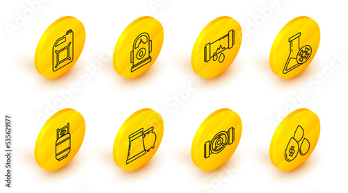 Set line Oil drop with dollar symbol, gas industrial factory building, Propane tank, Antifreeze test tube, Broken leaking water, Petrol Gas station and Canister for gasoline icon. Vector