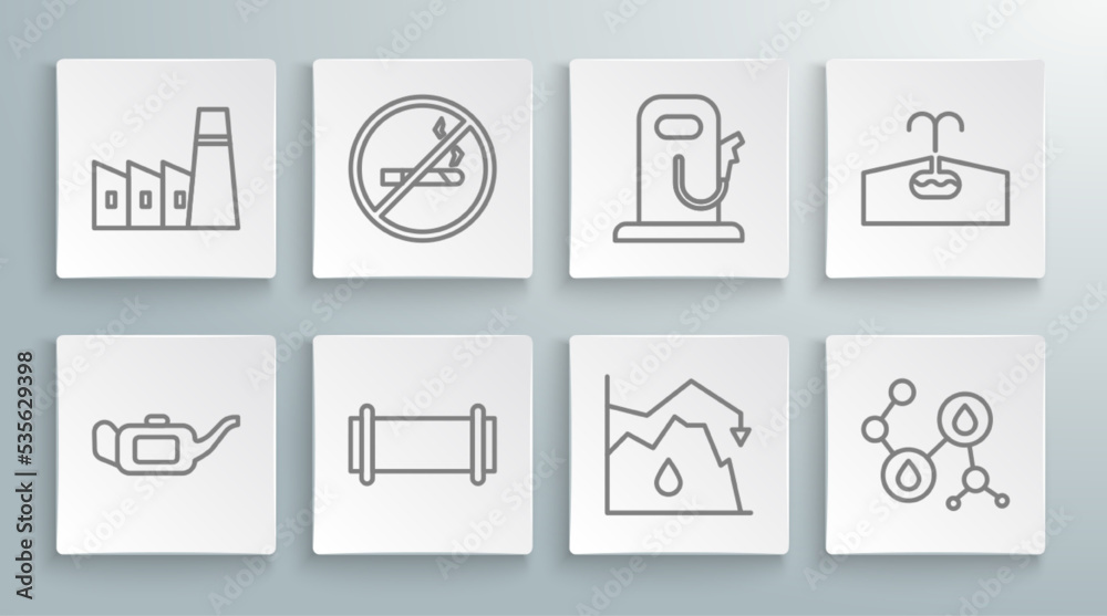 Set line Canister for motor oil, No Smoking, Industry pipe, Drop crude price, Molecule, Petrol gas station, Oilfield and industrial factory building icon. Vector Set line Canister for motor oil, No Smoking, Industry pipe, Drop crude price, Molecule, Petrol gas station, Oilfield and industrial factory building icon. Vector
