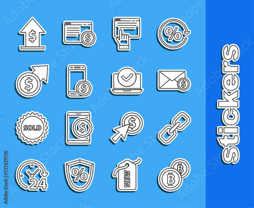 Set line Cryptocurrency coin Bitcoin, Chain link, Envelope with dollar, Online shopping on screen, Smartphone, Financial growth and, and Laptop icon. Vector