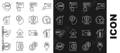 Set line Lead management, Price tag with New, Clock 24 hours, Buy button, Business planning mind, dollar, Telephone support and Computer monitor icon. Vector