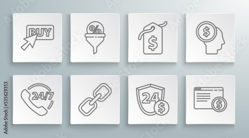 Set line Telephone 24 hours support, Lead management, Chain link, Shield with dollar, Online shopping screen, Price tag, Business planning mind and Buy button icon. Vector