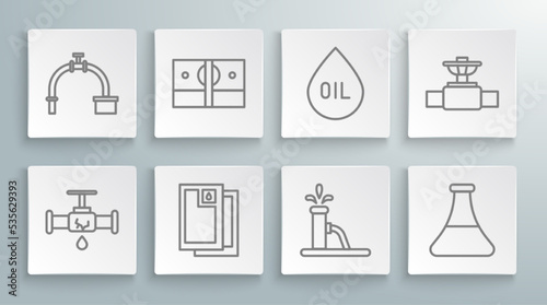 Set line Broken pipe with leaking water, Stacks paper money cash, Barrel oil, Oil pump or pump jack, petrol test tube, drop, Industry and valve and icon. Vector
