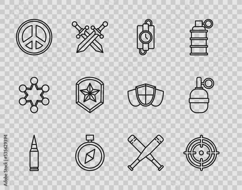Set line Bullet, Target sport, dynamite stick and timer clock, Compass, Peace, Police badge, Crossed baseball bat and Hand grenade icon. Vector