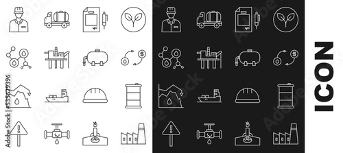 Set line Oil industrial factory building, Barrel oil, exchange, Contract money and pen, platform the sea, Molecule, Oilman and icon. Vector
