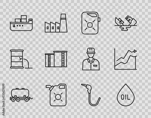 Set line Oil railway cistern, drop, Canister for motor oil, tanker ship, industrial factory building, Gasoline pump nozzle and price increase icon. Vector