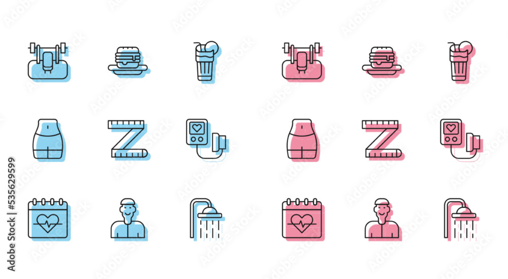 Set line Heart rate, Positive thinking, Bench with barbel, Shower head, Tape measure, Blood pressure, Women waist and Junk food icon. Vector Set line Heart rate, Positive thinking, Bench with barbel, Shower head, Tape measure, Blood pressure, Women waist and Junk food icon. Vector