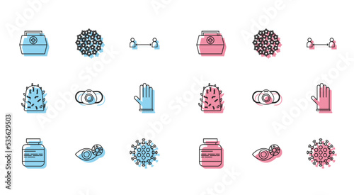 Set line Medicine bottle and pills, Reddish eye due to virus, First aid kit, Virus, Medical protective mask, rubber gloves, Rabies and icon. Vector