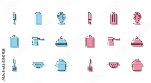 Set line Spatula, Kitchen colander, Knife, Cooking pot, Coffee turk, Covered with tray food, Cutting board and Salt icon. Vector
